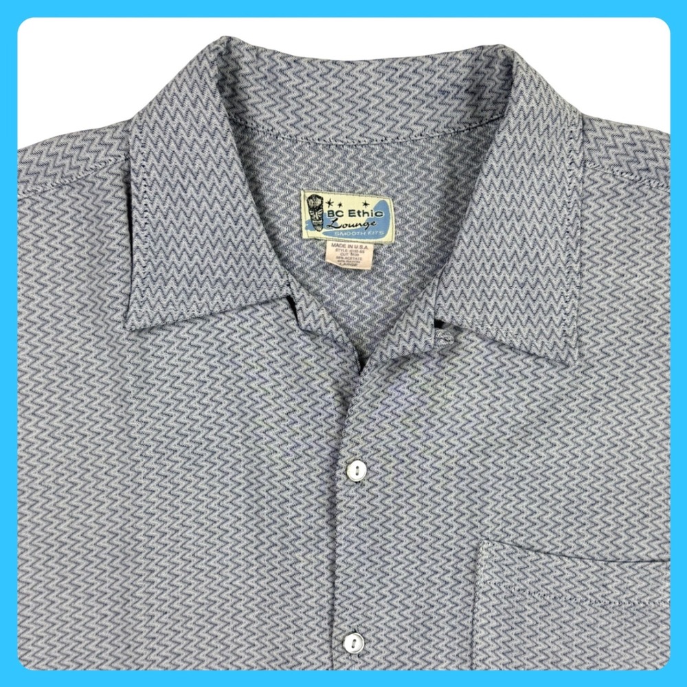 Vintage BC Ethic Lounge Camp Shirt Men Large Gray Chevron Rockabilly 90s Y2K USA